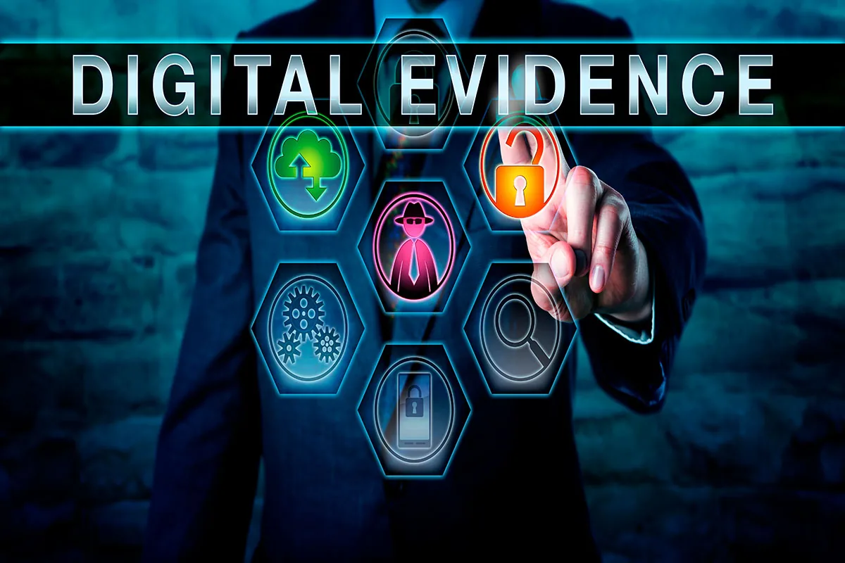 A hand reaching towards a panel of security icons beneath the words "digital evidence".